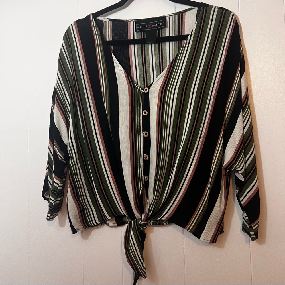 Polly&Esther Striped Multi Colored Button Down Blouse tied waist Size Large